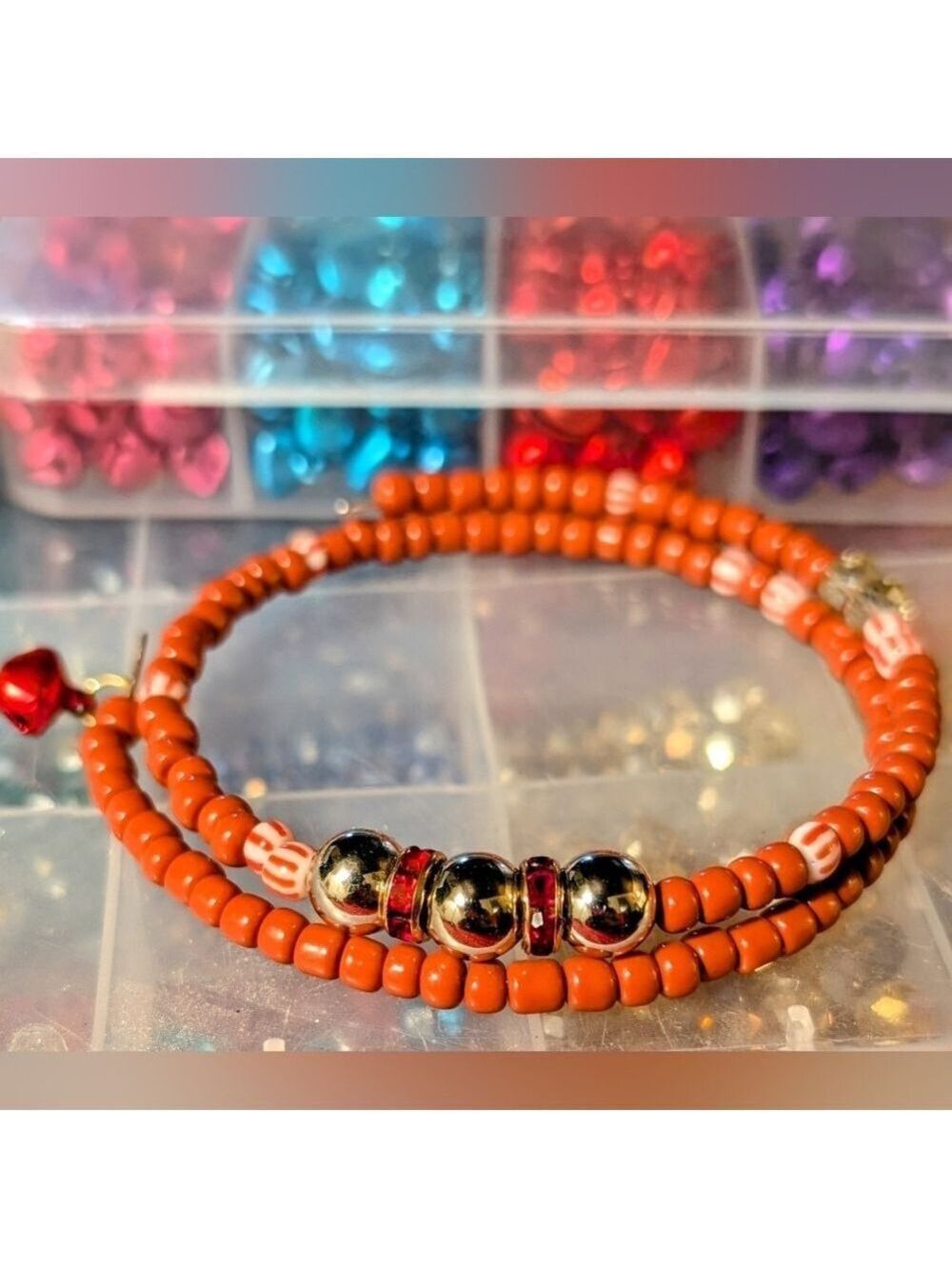 Handmade red and silver memory wire charm bracelet